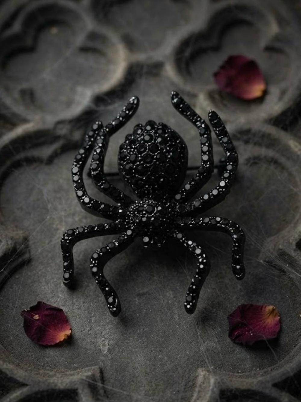 Black Jeweled Spider Brooch - Gothic Statement Pin